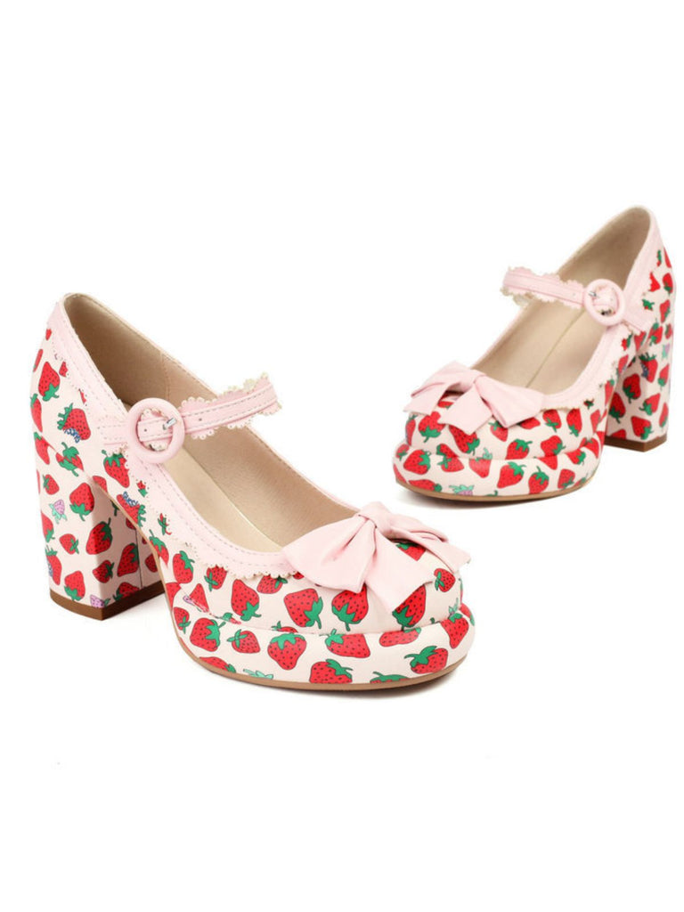 Retro Leather Strawberry Bow Chunky Heels