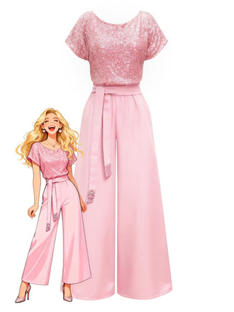 Pink 1960s Sequined Wide-Leg Jumpsuit