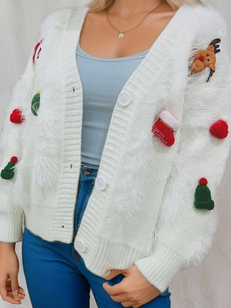 1970s 3D Christams Print Fluffy Knit Button Cardigan