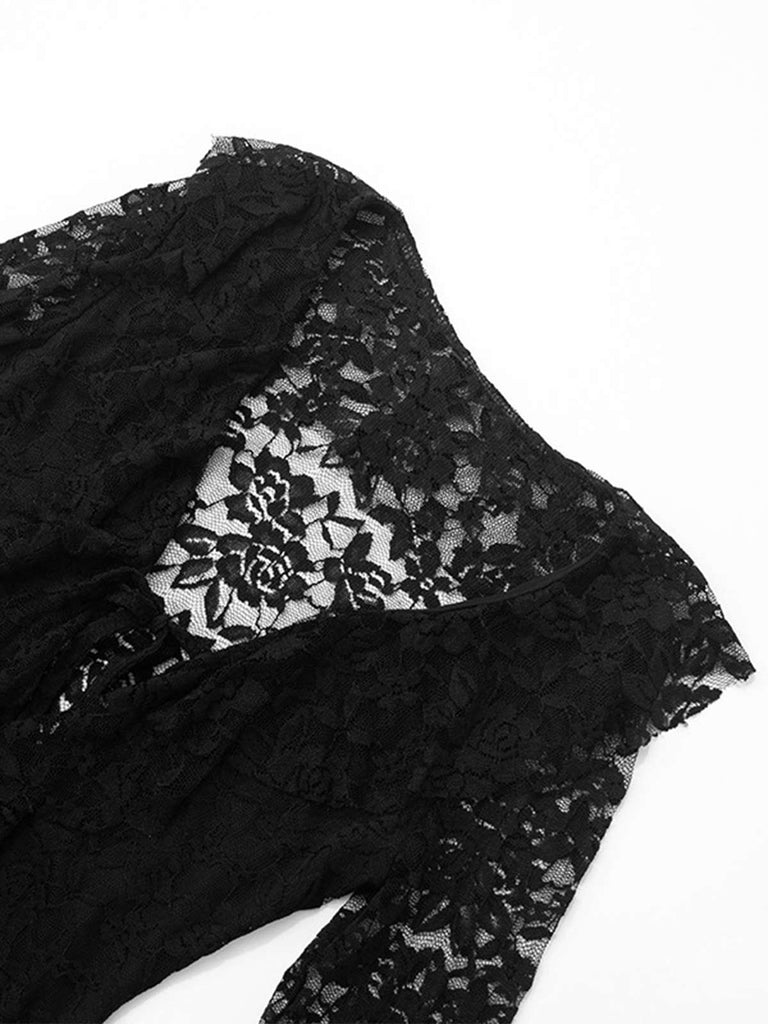 1980s Lace Ribbon Tie Ruffle Bell-Sleeve Dress