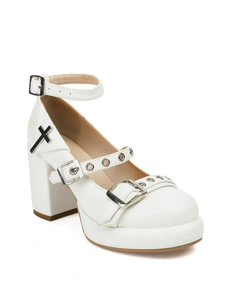 Punk Cross Buckle Ankle Strap Chunky High Heels