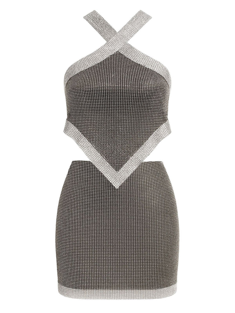 2PCS 1980s Metallic Cross Neck Top & Skirt