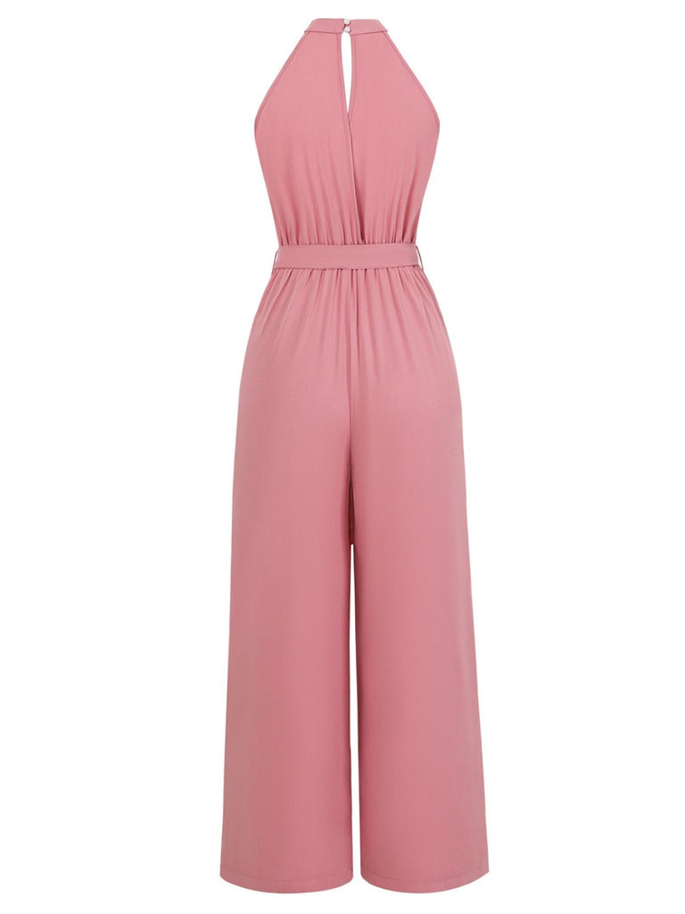 Pink 1940s Halter Slit Solid Belted Jumpsuit