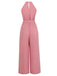 Pink 1940s Halter Slit Solid Belted Jumpsuit