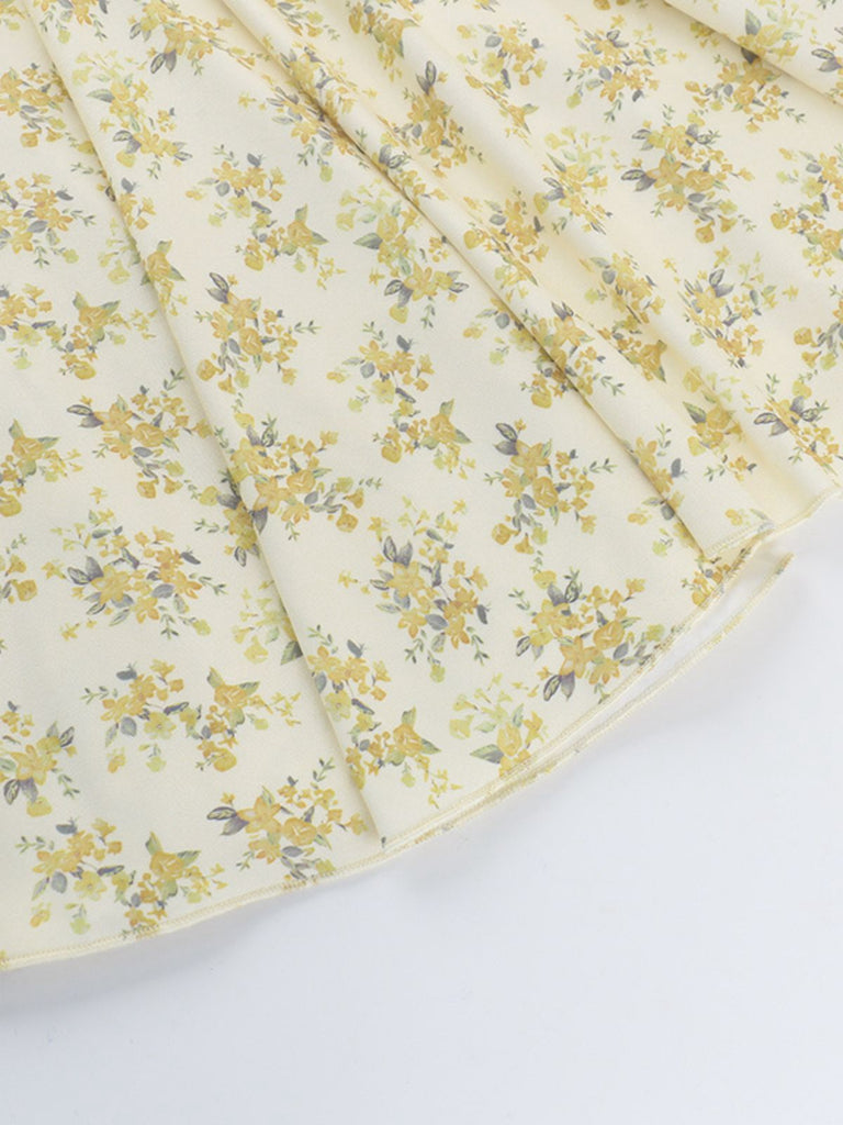 Yellow 1960s Floral Puff Sleeves V-Neck Dress