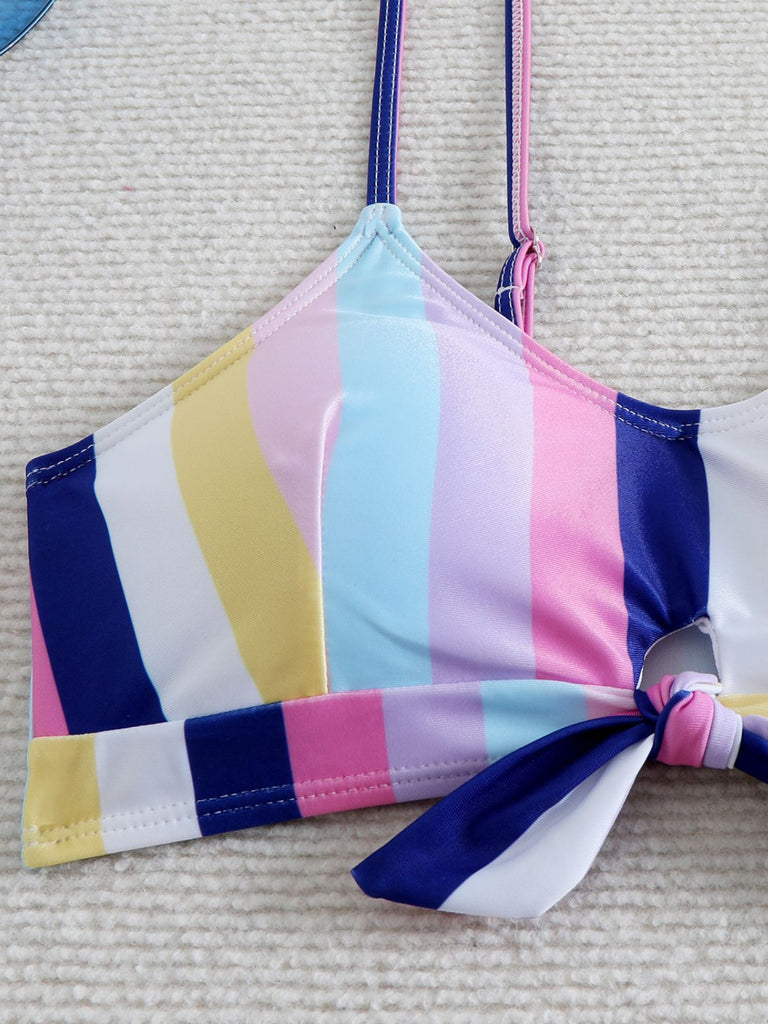 1940s Spaghetti Strap Bow Contrast Stripes Bikini
