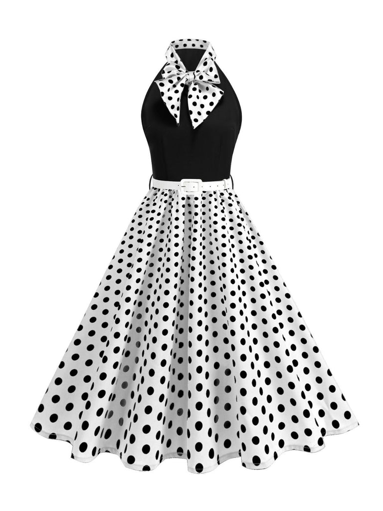 1950s Bow Tie Neck Polka Dot Belted Dress
