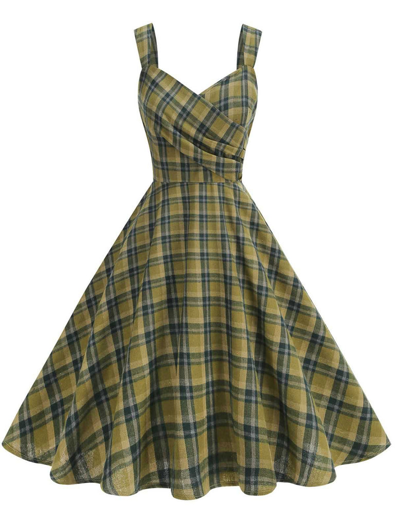 1950s Slip V-Neck Plaid Swing Dress