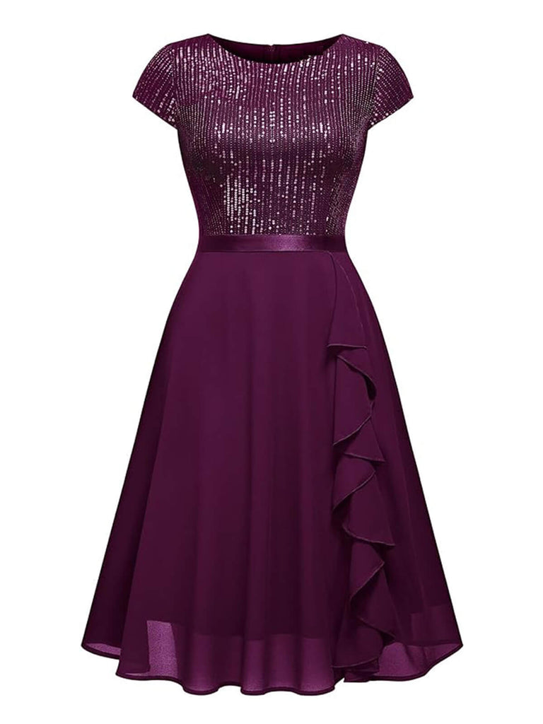 1940s Sequin Chiffon Ruffle Trim Swing Dress
