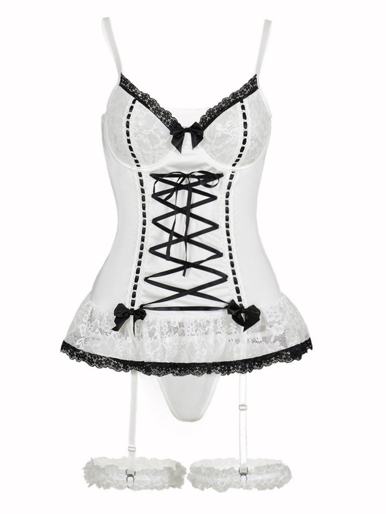 1970s Contrasted Lace Mesh Bow Lace-Up Lingerie Set
