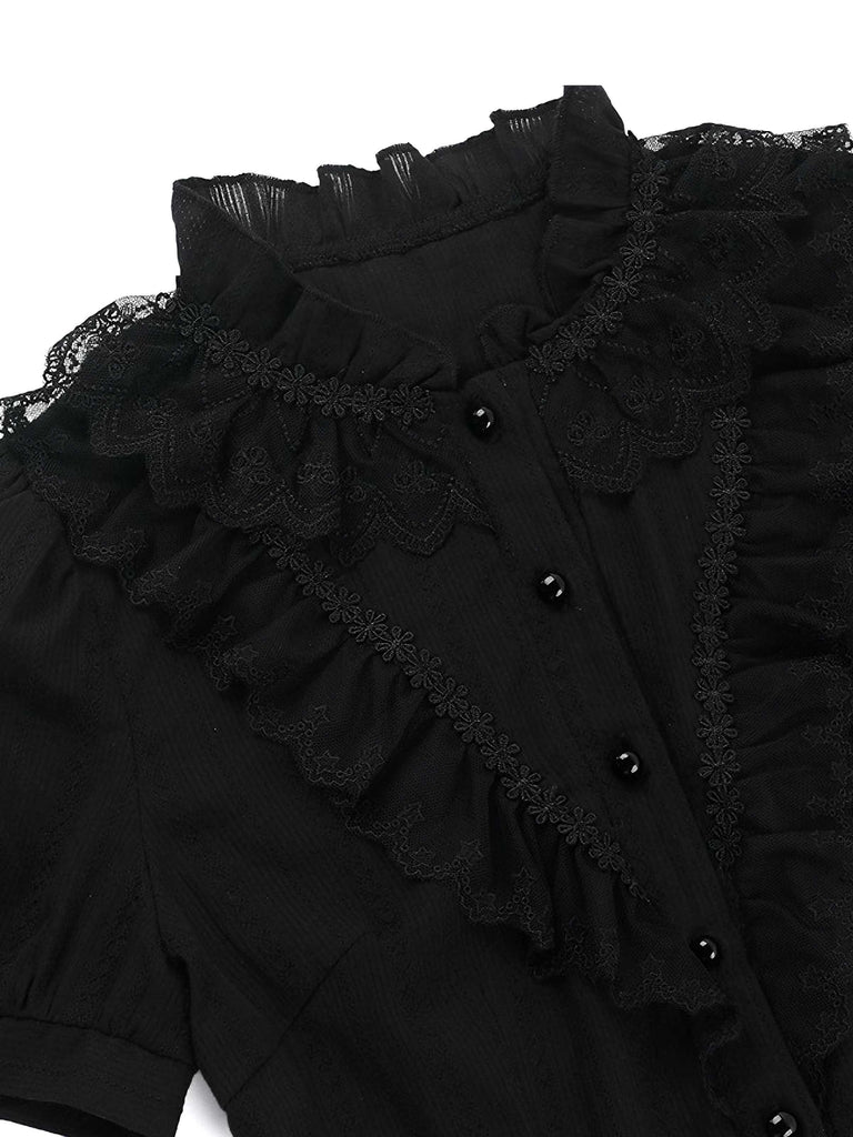 Black 1980s Gothic Pure Cotton Ruffled Blouse