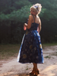 Blue 1940s Square Neck Starry Night Bow Swing Dress