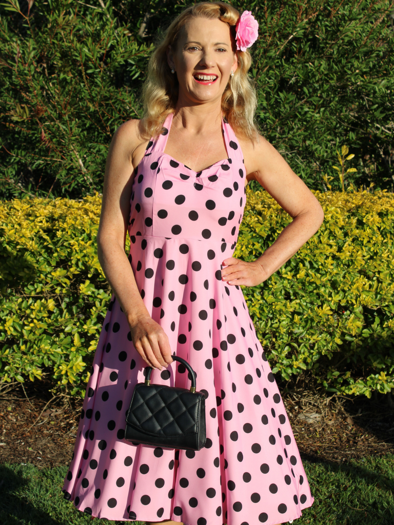 1950s Halter Contrast Polka Dots Belted Dress