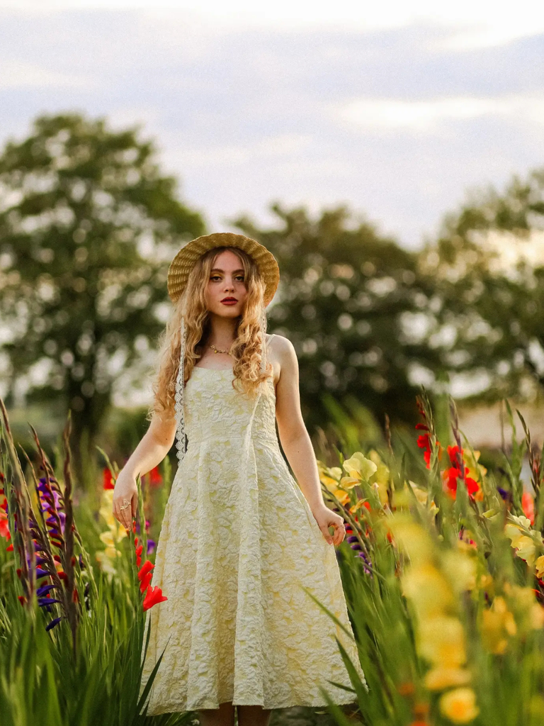 Yellow 1950s Floral Jacquard Textured Spaghetti Strap Midi Dress