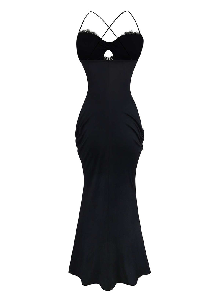 Black 1930s Lace Trimmed Halter Maxi Dress