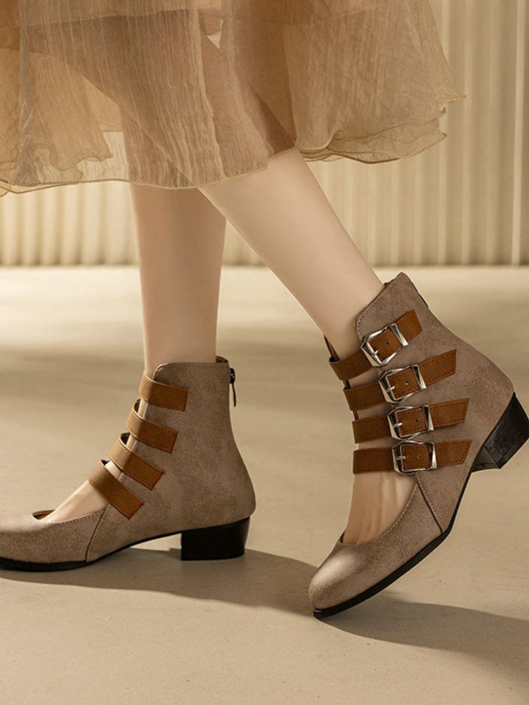 Round Toe Low Chunky Heel Cut-Out Boots