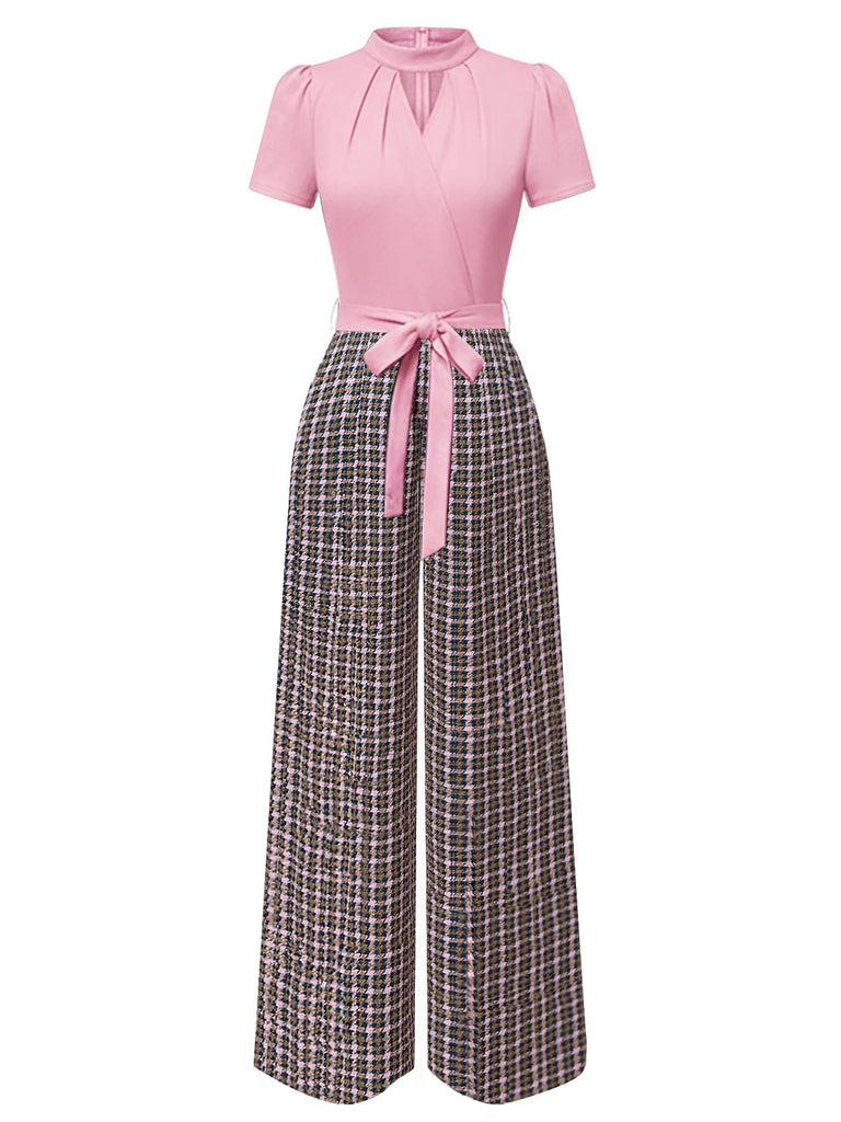 [Pre-Sale] Pink 1930s Plaid Keyhole Neck Belted Jumpsuit
