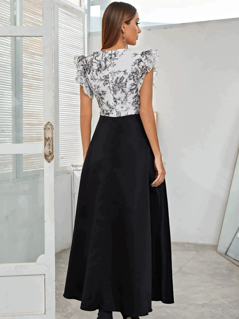 1930s Floral Flounce Sleeve V-Neck Patchwork Dress