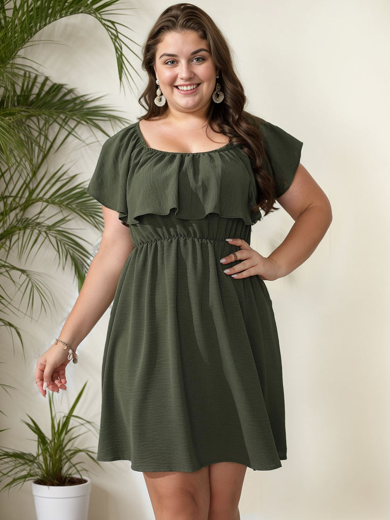 [Plus Size] 1950s Solid Ruffle Neck Off Shoulder Dress