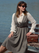 2PCS Grey 1940s V-Neck Plaid Dress & Satin Blouse