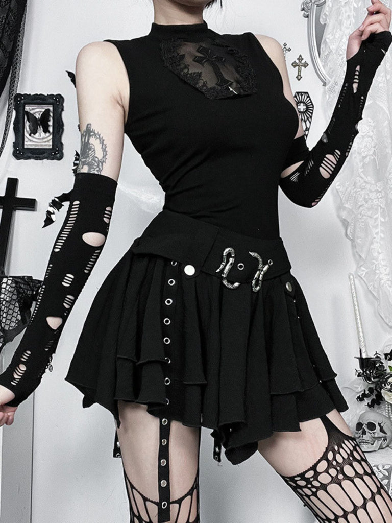 Black 1980s Punk Snake Belt Layered Mini Skirt