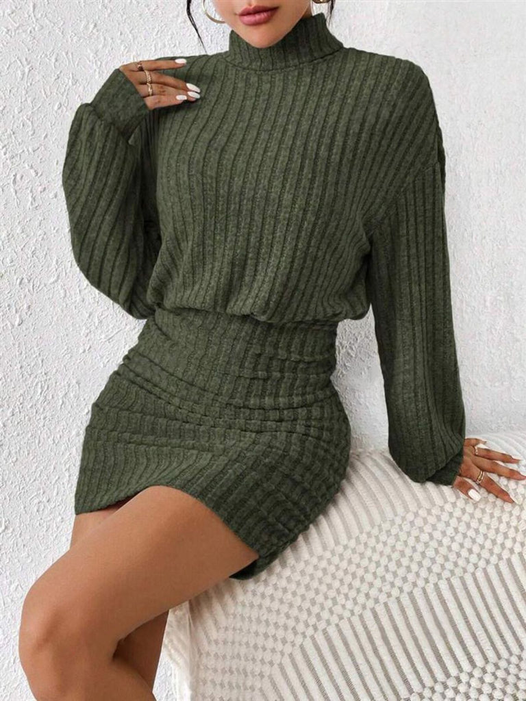 Gray 1960s Ribbed Turtleneck Sweater Bodycon Dress
