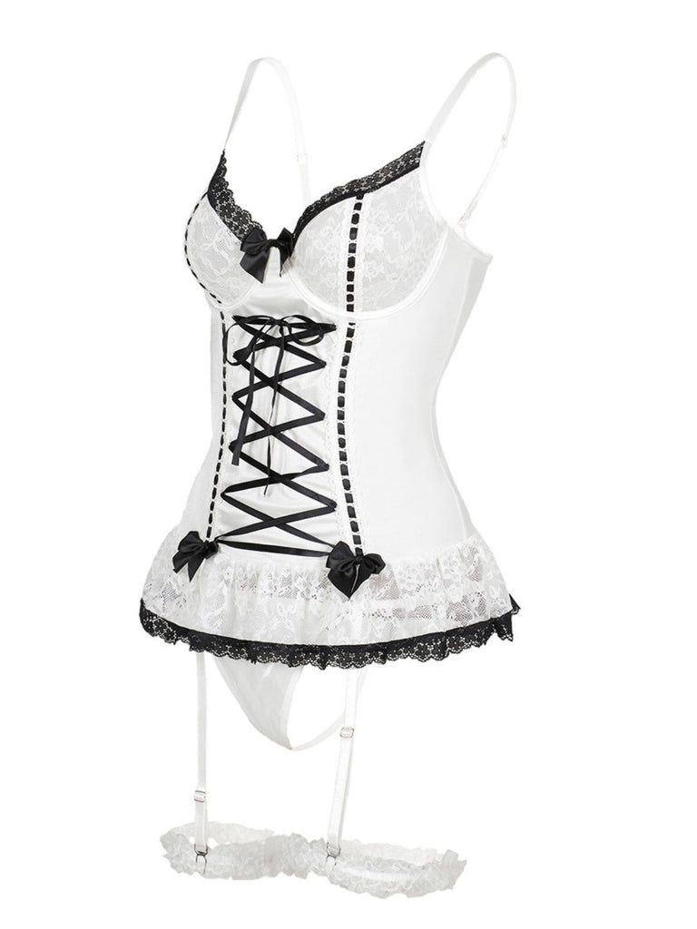 1970s Contrasted Lace Mesh Bow Lace-Up Lingerie Set