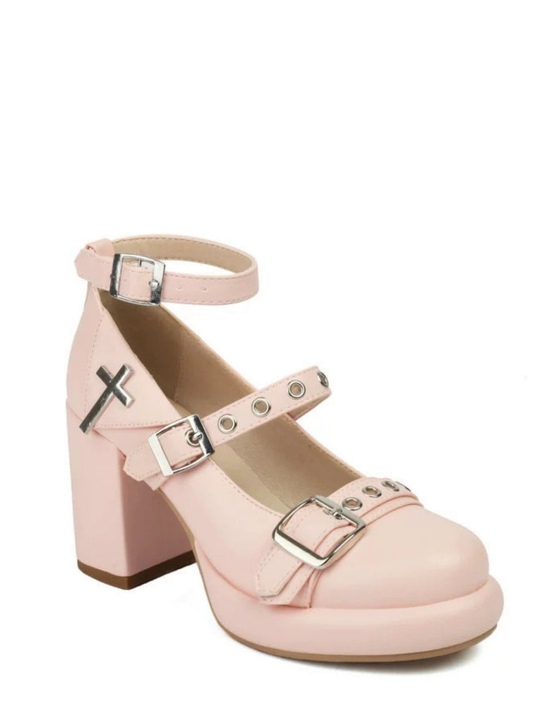 Punk Cross Buckle Ankle Strap Chunky High Heels