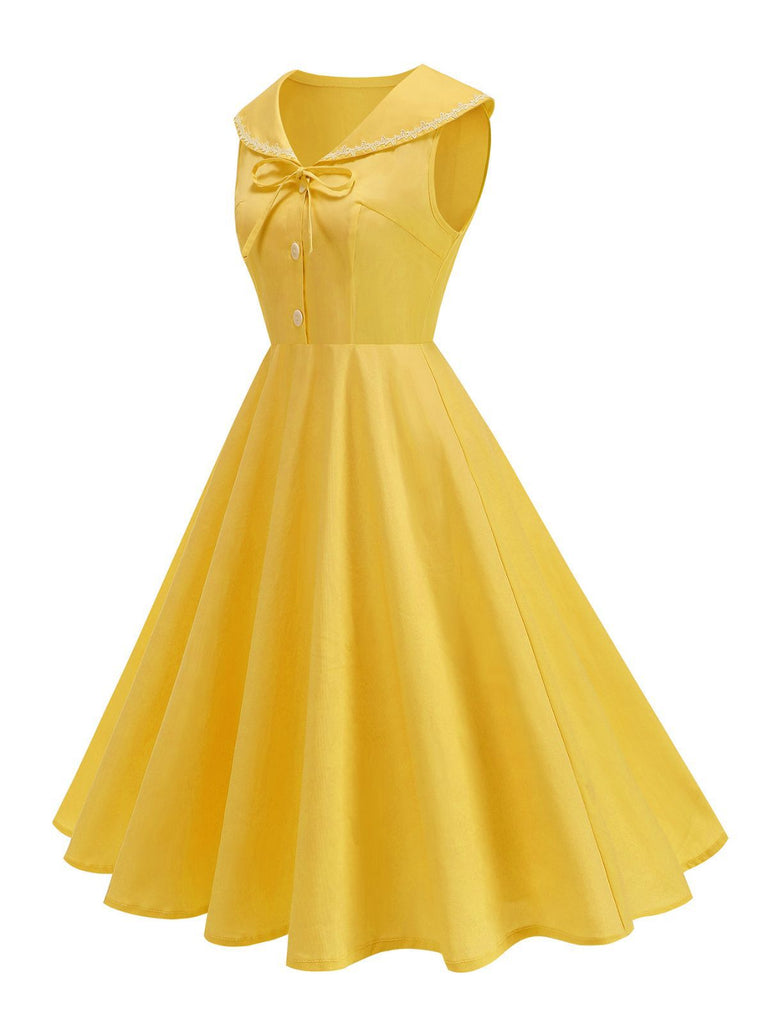 1950s Sailor Collar Bow-Tie Solid Sleeveless Dress