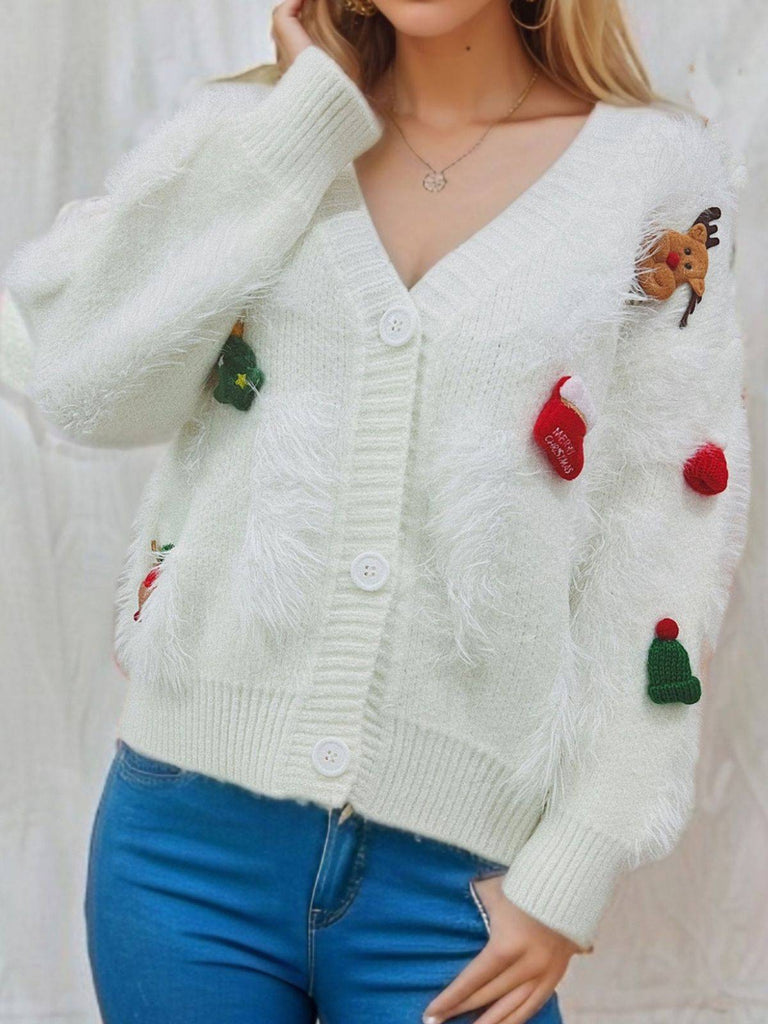 1970s 3D Christams Print Fluffy Knit Button Cardigan