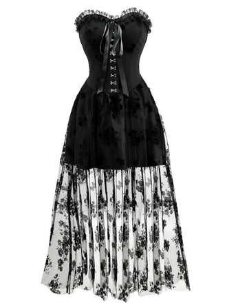 1970s Gothic Strapless Dark Bride Mesh Corset Dress