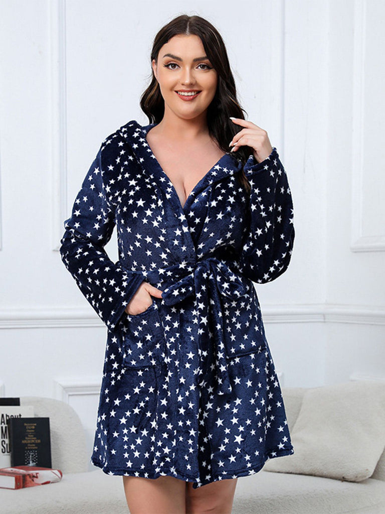 [Plus Size] 1950s Winter Print Plush Hooded Robe