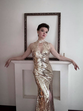 Champagne 1930s Keyhole Sequined Maxi Dress