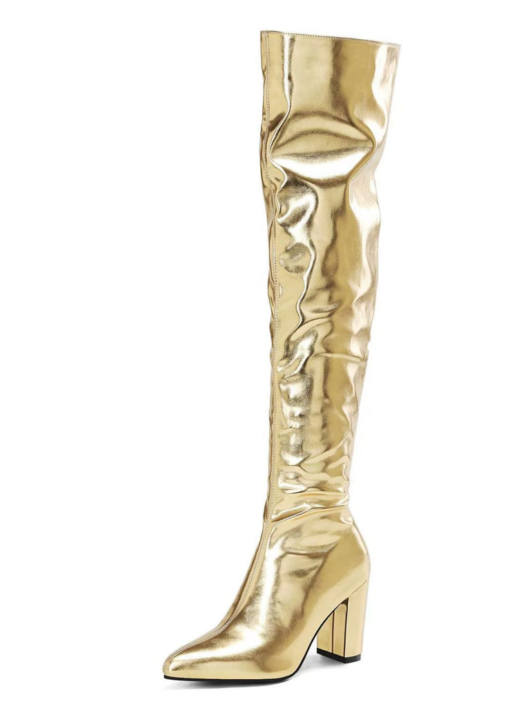 Metallic Thigh-High Block Heel Boots