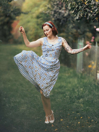 Blue 1940s Rose Gingham Lace Up Dress
