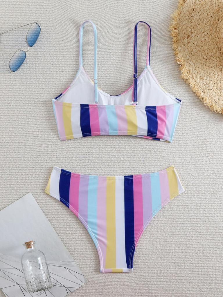 1940s Spaghetti Strap Bow Contrast Stripes Bikini