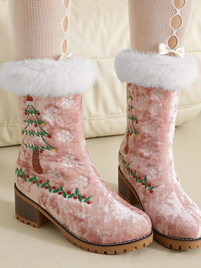 Vintage Christmas Tree Snowflake Plush Chunky Heel Boots