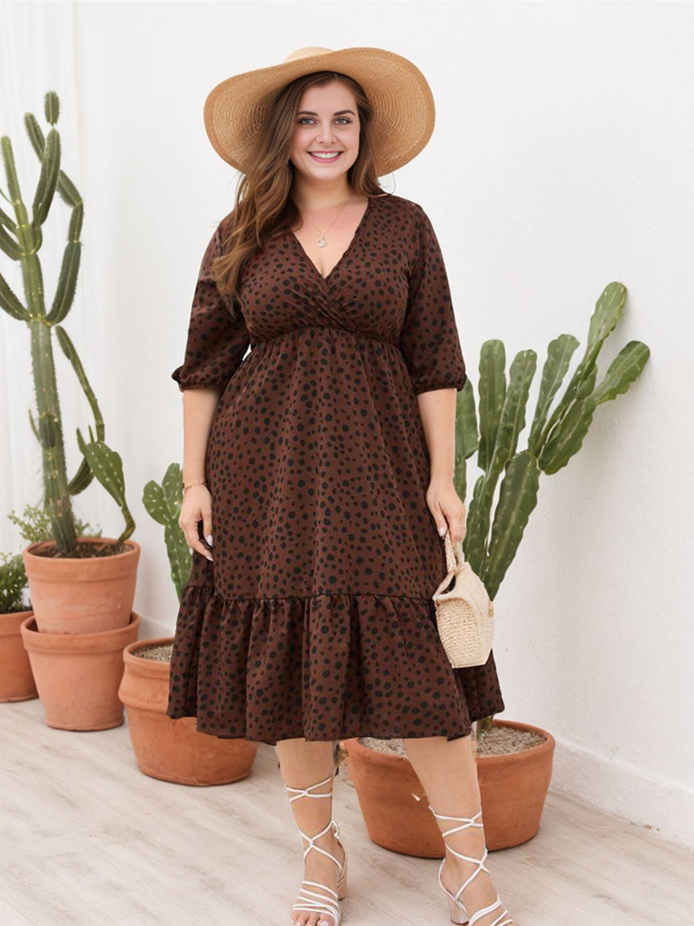 [Plus Size] 1950s V-neck Leopard Half Sleeve Dress