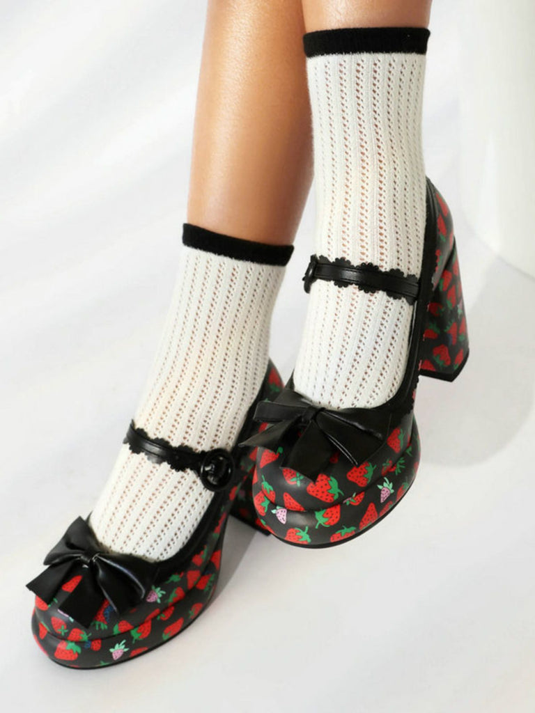 Retro Leather Strawberry Bow Chunky Heels