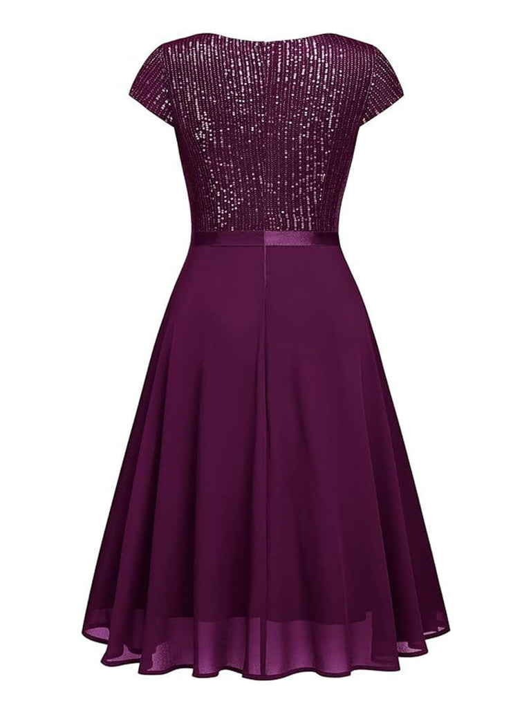 1940s Sequin Chiffon Ruffle Trim Swing Dress