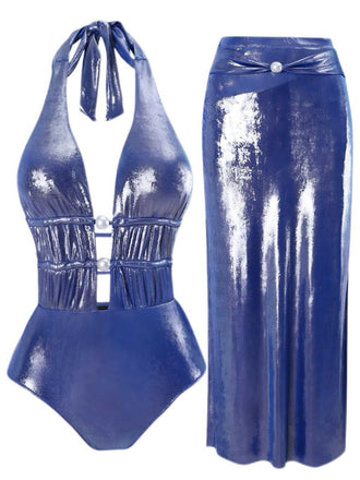 Blue 1970s Pearl Shimmery Halter Swimsuit & Cover-Up