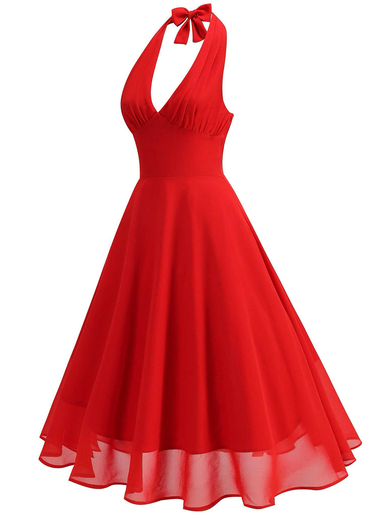 1950s Halter V-Neck Mesh Backless Dress