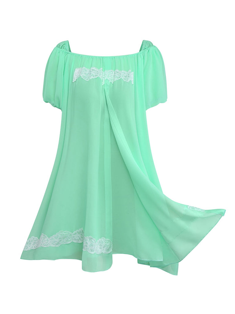 Green 1970s Lace Puff Sleeve Babydoll Dress