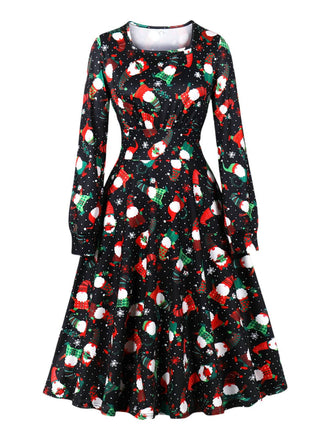 1950s Christmas Square Collar Long Sleeve Dress