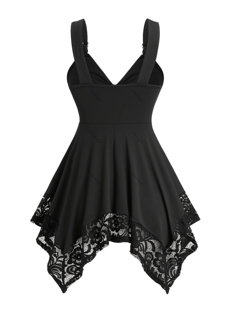 [Plus Size] Black 1970s Solid Heart Button Lace Tunic Top