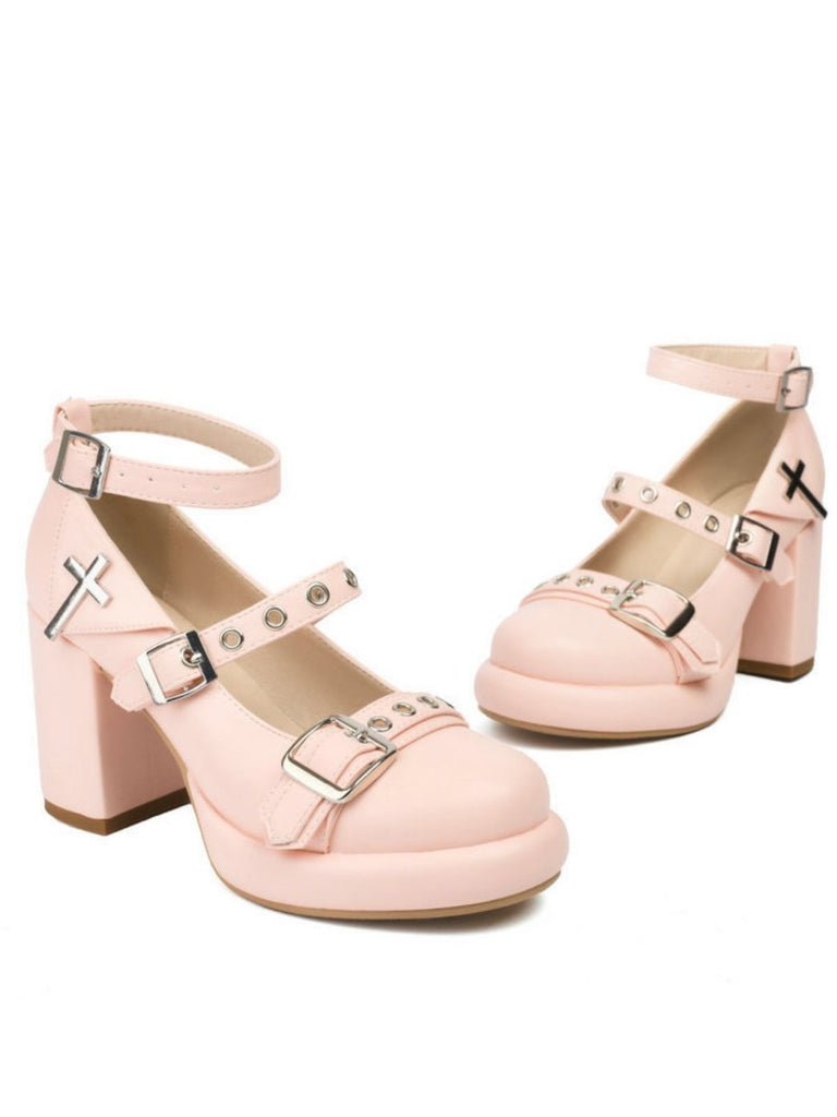 Punk Cross Buckle Ankle Strap Chunky High Heels