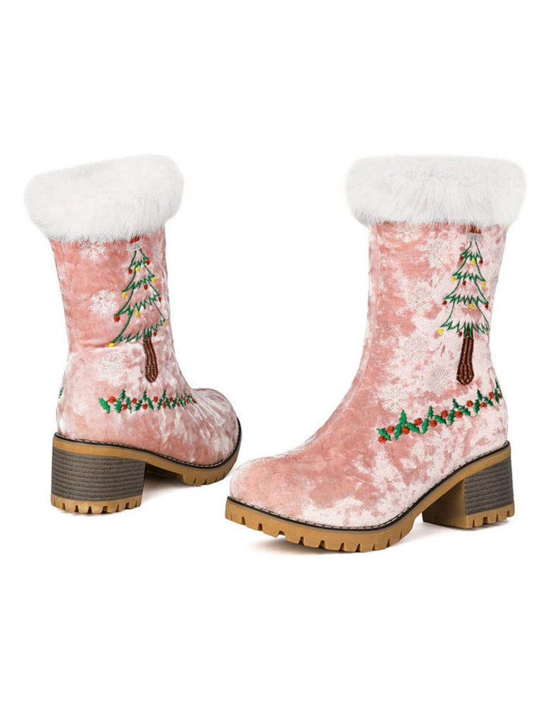 Vintage Christmas Tree Snowflake Plush Chunky Heel Boots