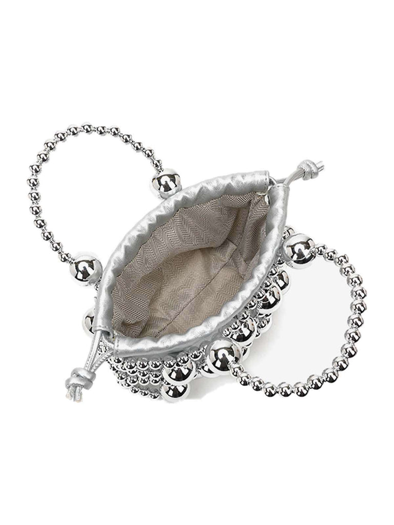 Metallic Beaded Drawstring Mini Bucket Bag