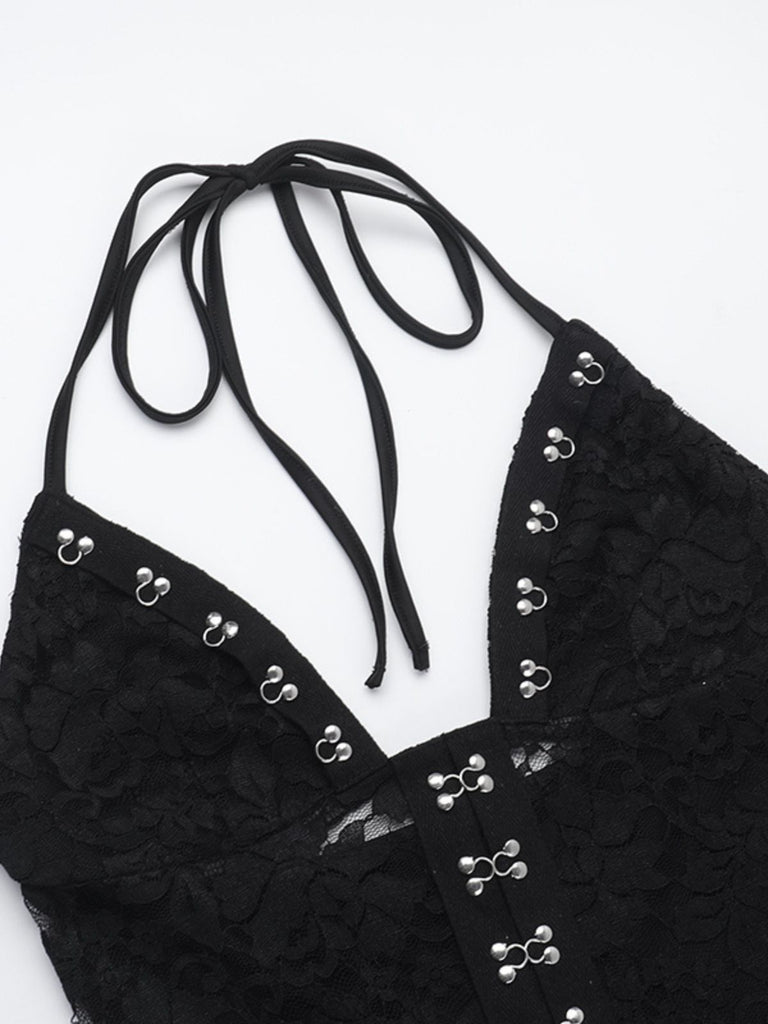 Black 1930s Halter Lace Bell-Bottom Jumpsuit