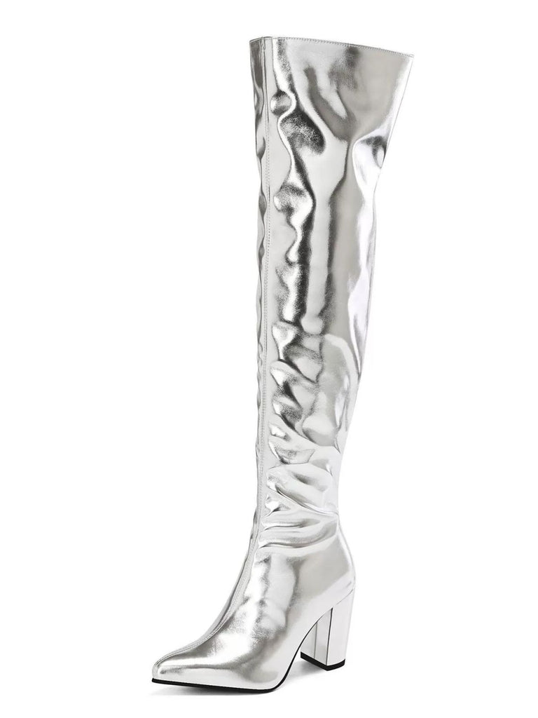 Metallic Thigh-High Block Heel Boots